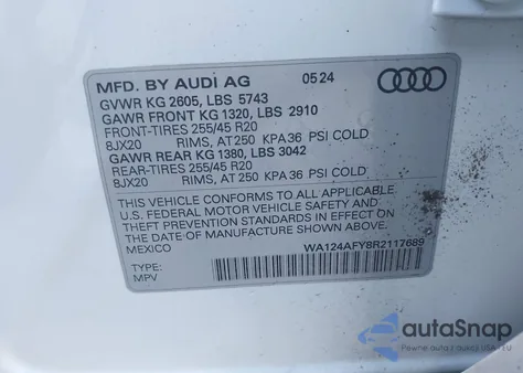 2024 Audi Sq5 Sportback Premium Plus Tfsi Quattro Tiptronic из США, поврежденный, VIN WA124AFY8R2117689